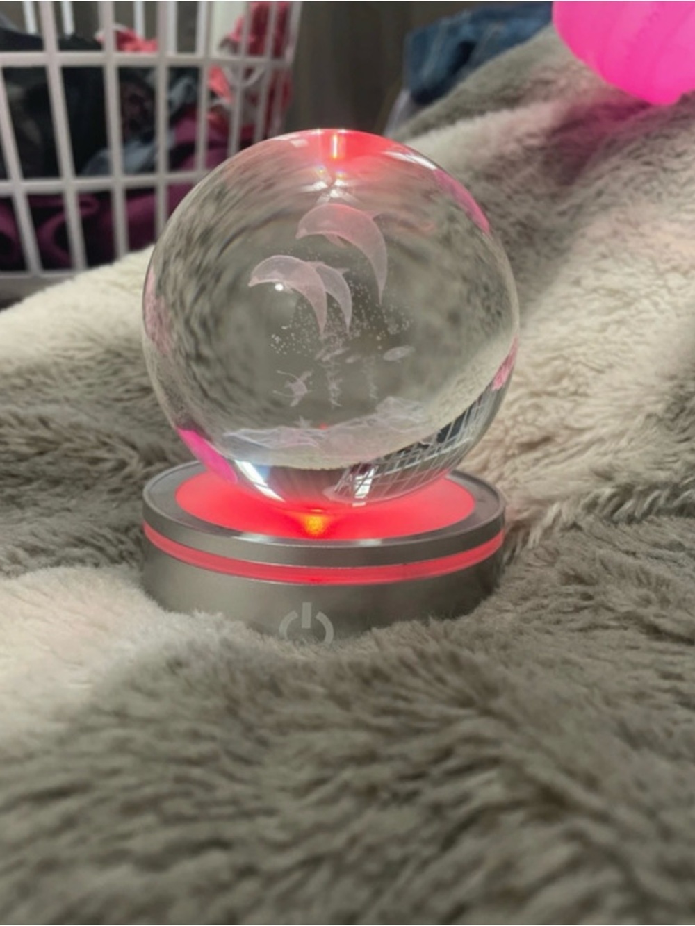 Crystal Dolphin Globe on LED Light Base - Clear with Red Glow